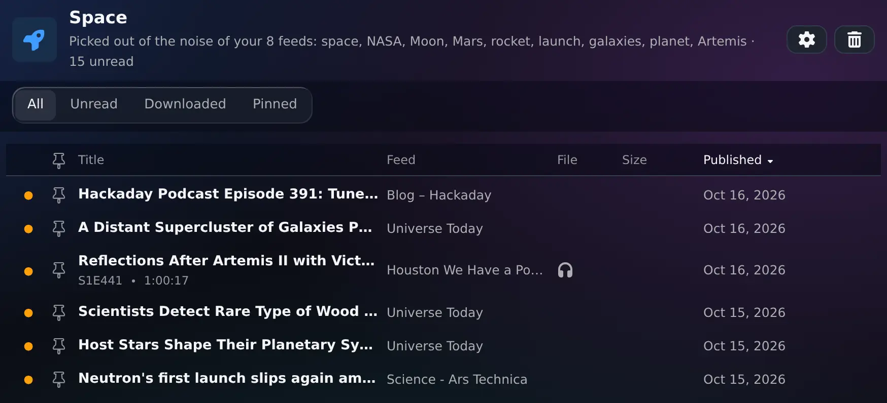 A Signal called Space, picked out of the noise of eight feeds: episodes and posts about galaxies, Artemis II, Mars and a rocket launch from Hackaday, Universe Today, NASA's Houston We Have a Podcast and Ars Technica.